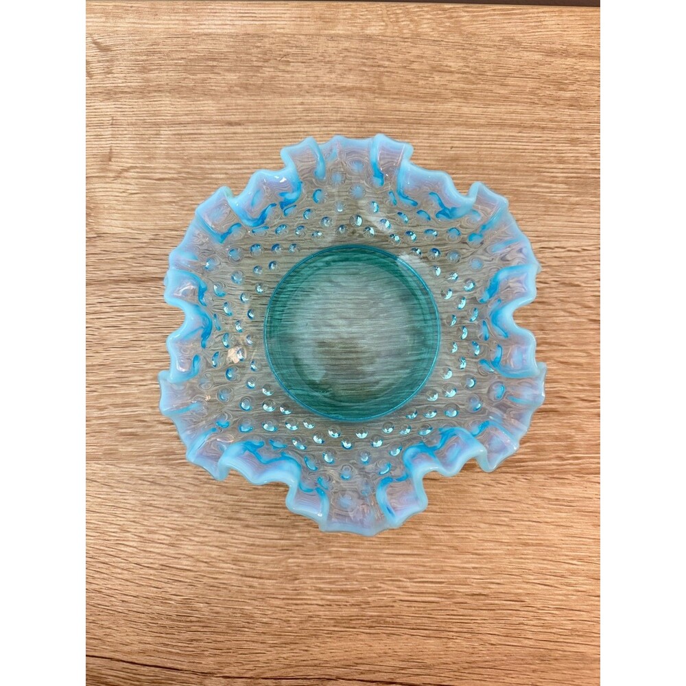 Vintage Fenton Turquoise Opalescent Hobnail BonBon Candy Dish Bowl Ruffled 6"